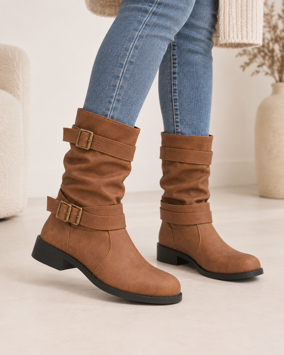 Double buckle mid-calf biker boots for women