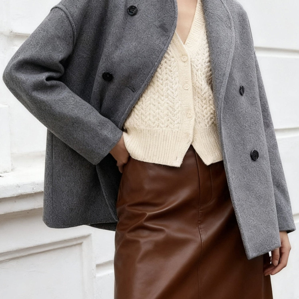 Cropped stand collar pea coat for women