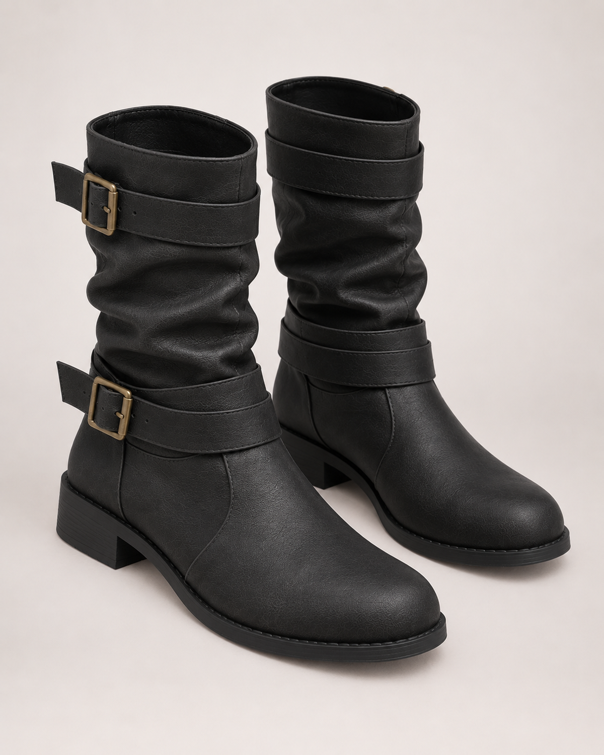 Double buckle mid-calf biker boots for women