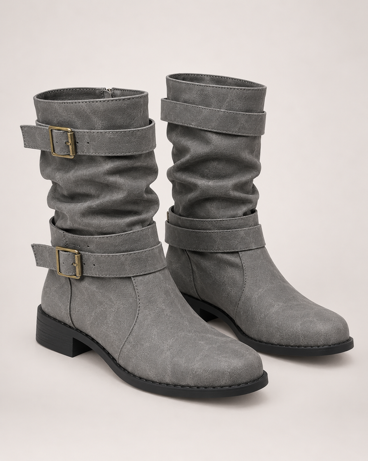 Double buckle mid-calf biker boots for women