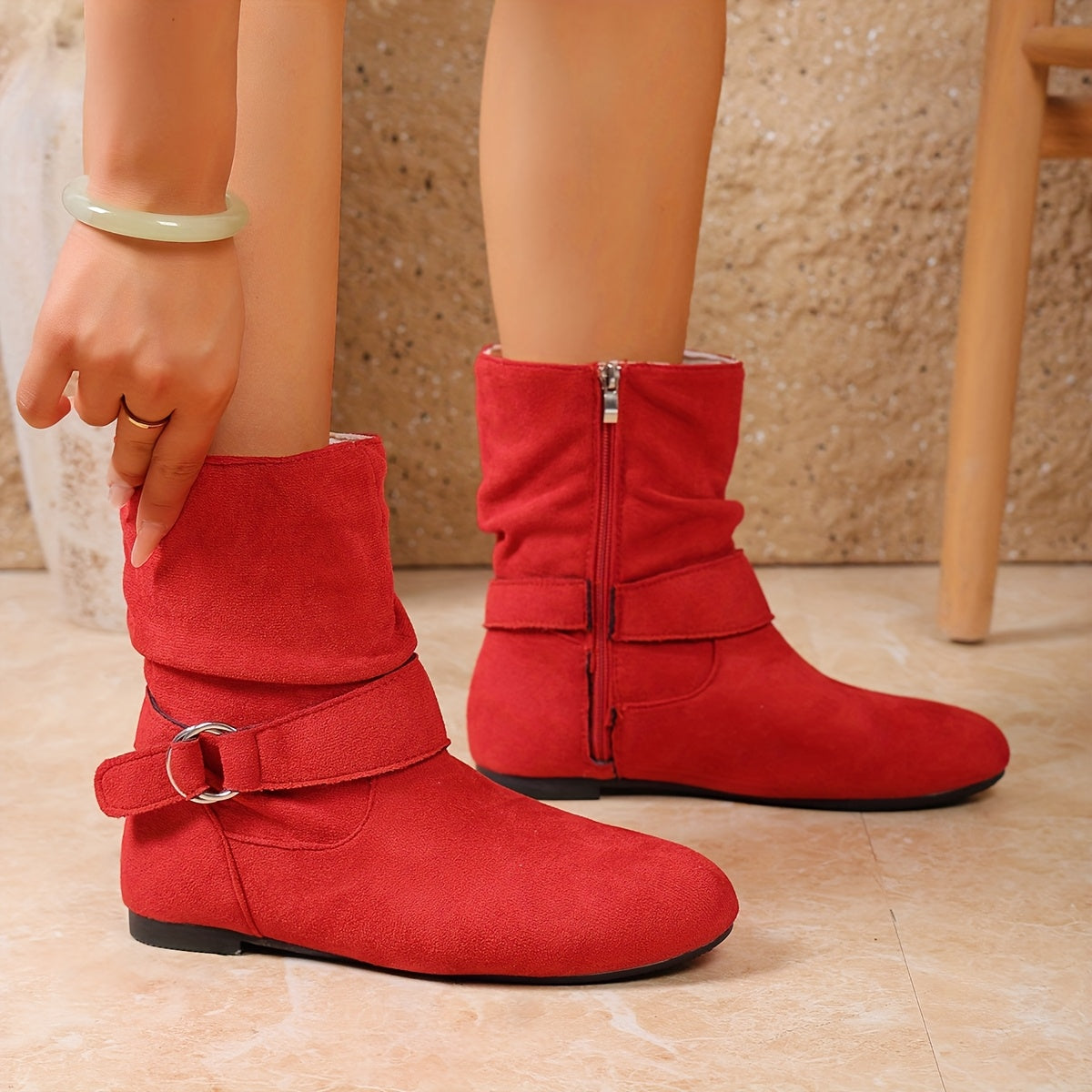 Slouchy flat suede-look buckle boots for women