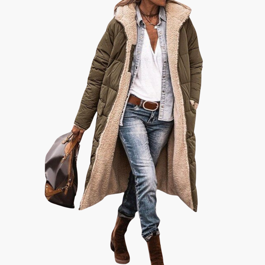 Fleece-lined hooded puffer coat in army green for women