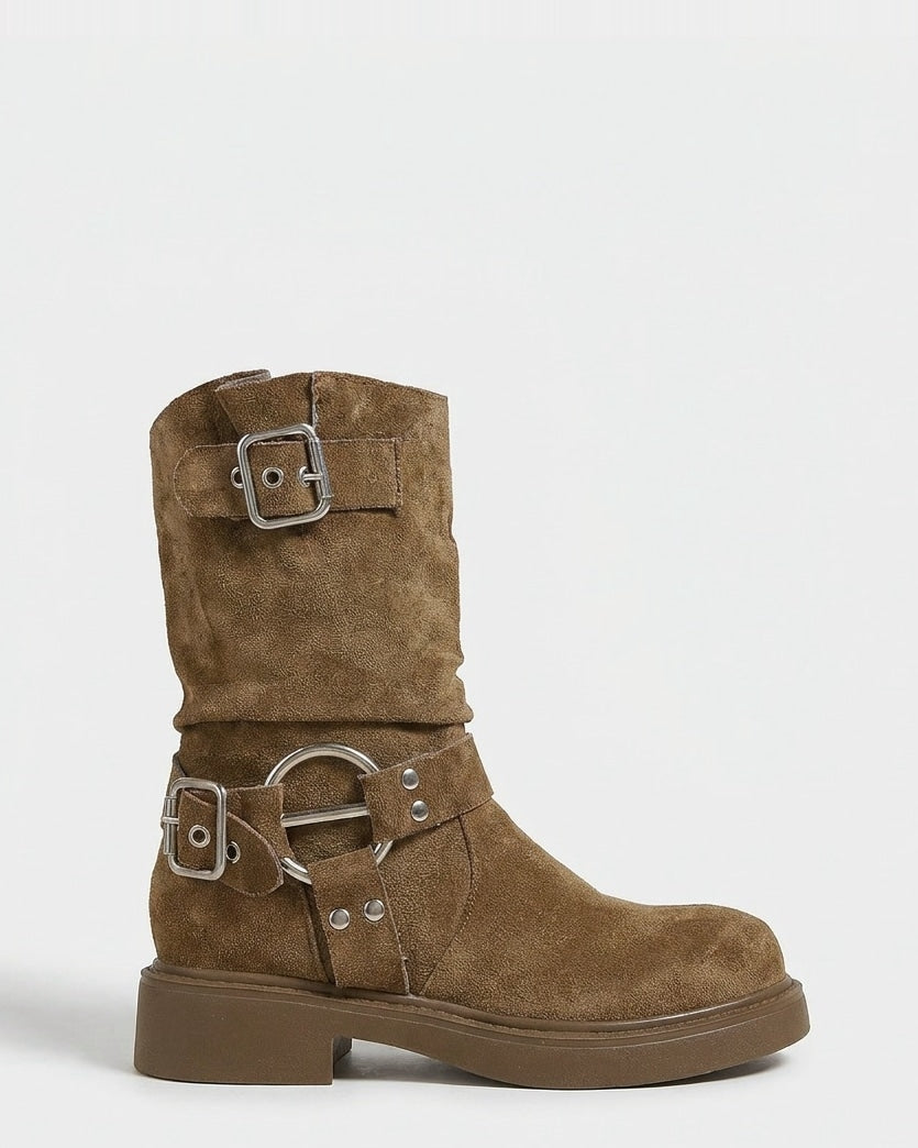 Buckle strap mid-calf slouch boots for women