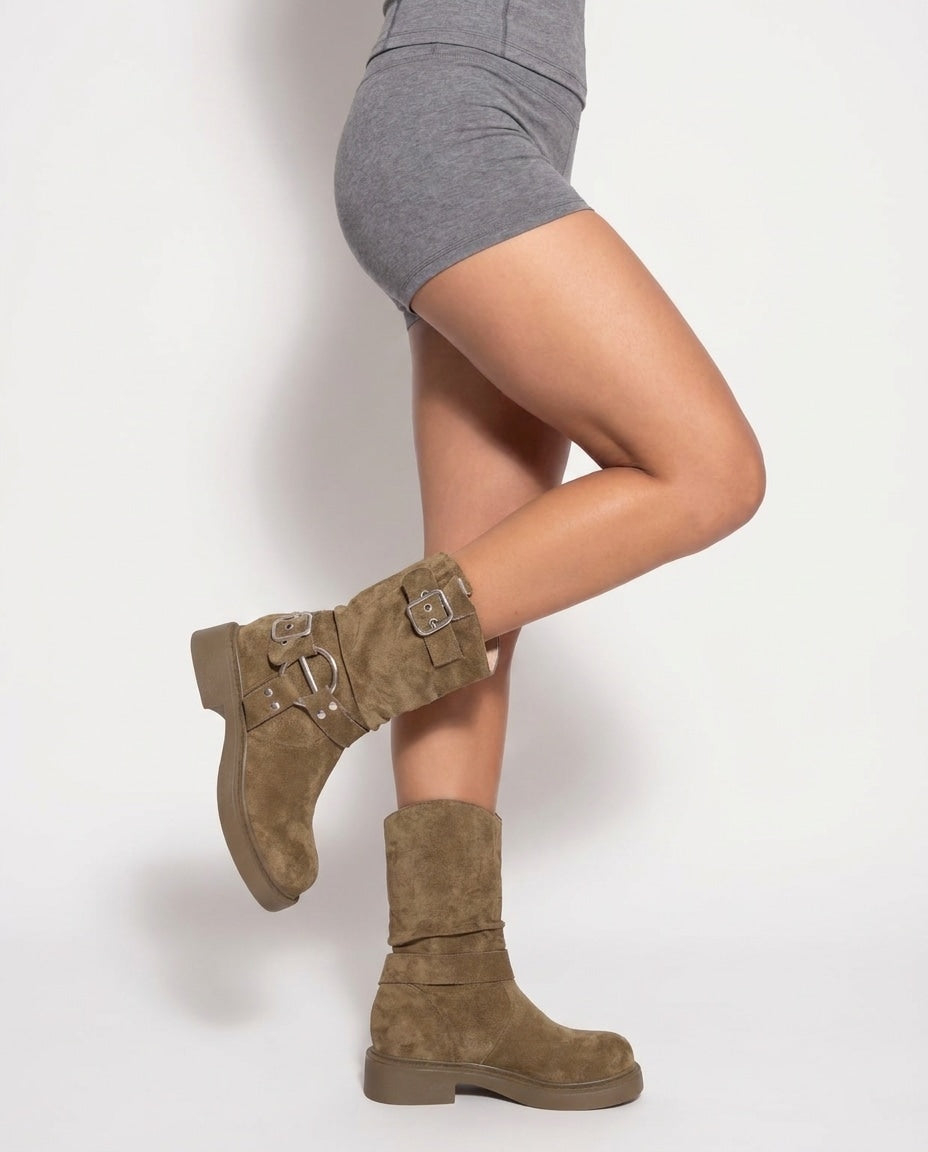 Buckle strap mid-calf slouch boots for women