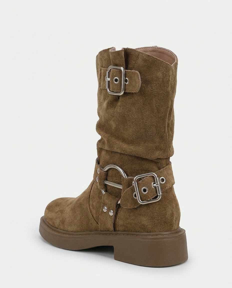 Buckle strap mid-calf slouch boots for women