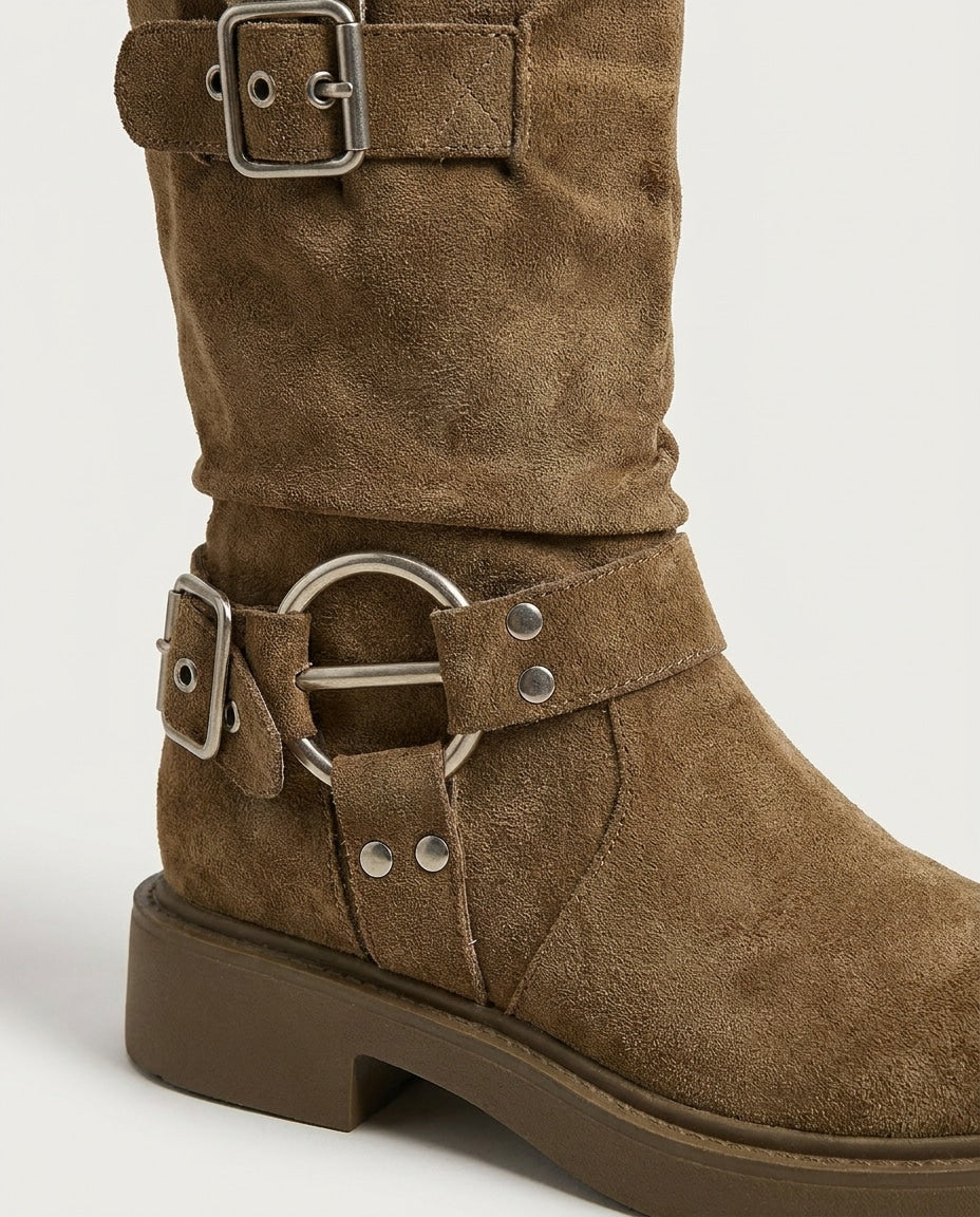 Buckle strap mid-calf slouch boots for women