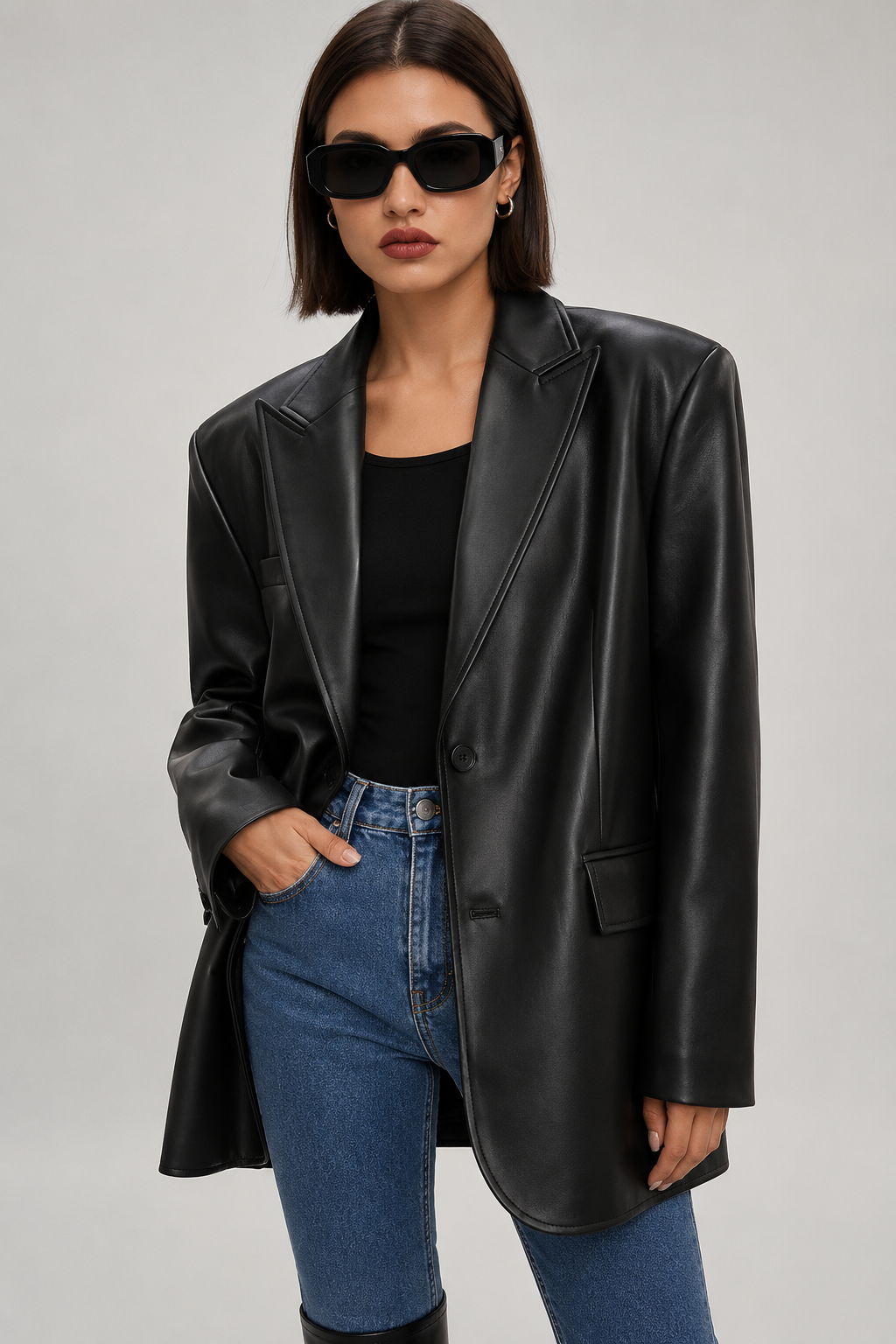 Oversized longline faux leather blazer for women