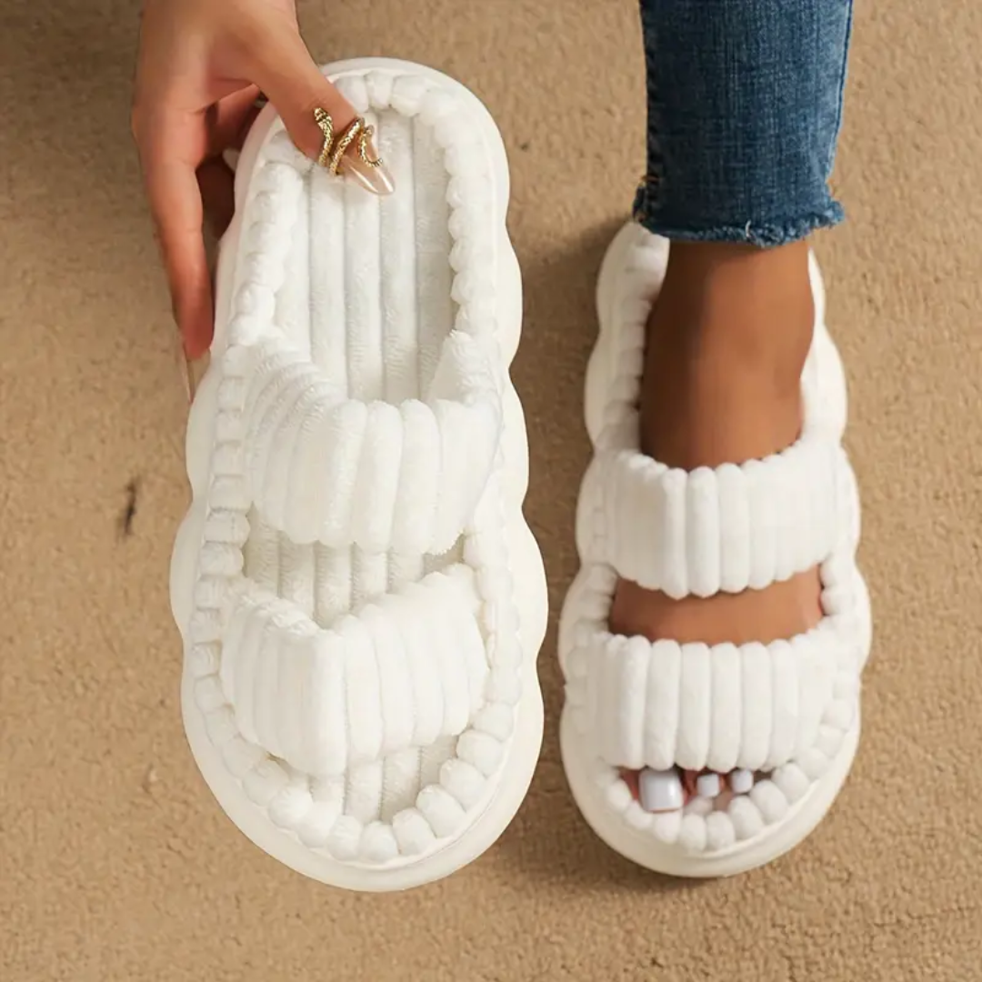 Fluffy double strap slides for women