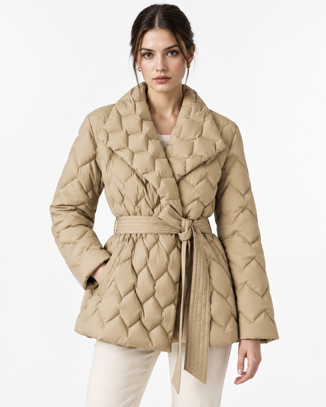 Quilted wide lapel belted coat for women