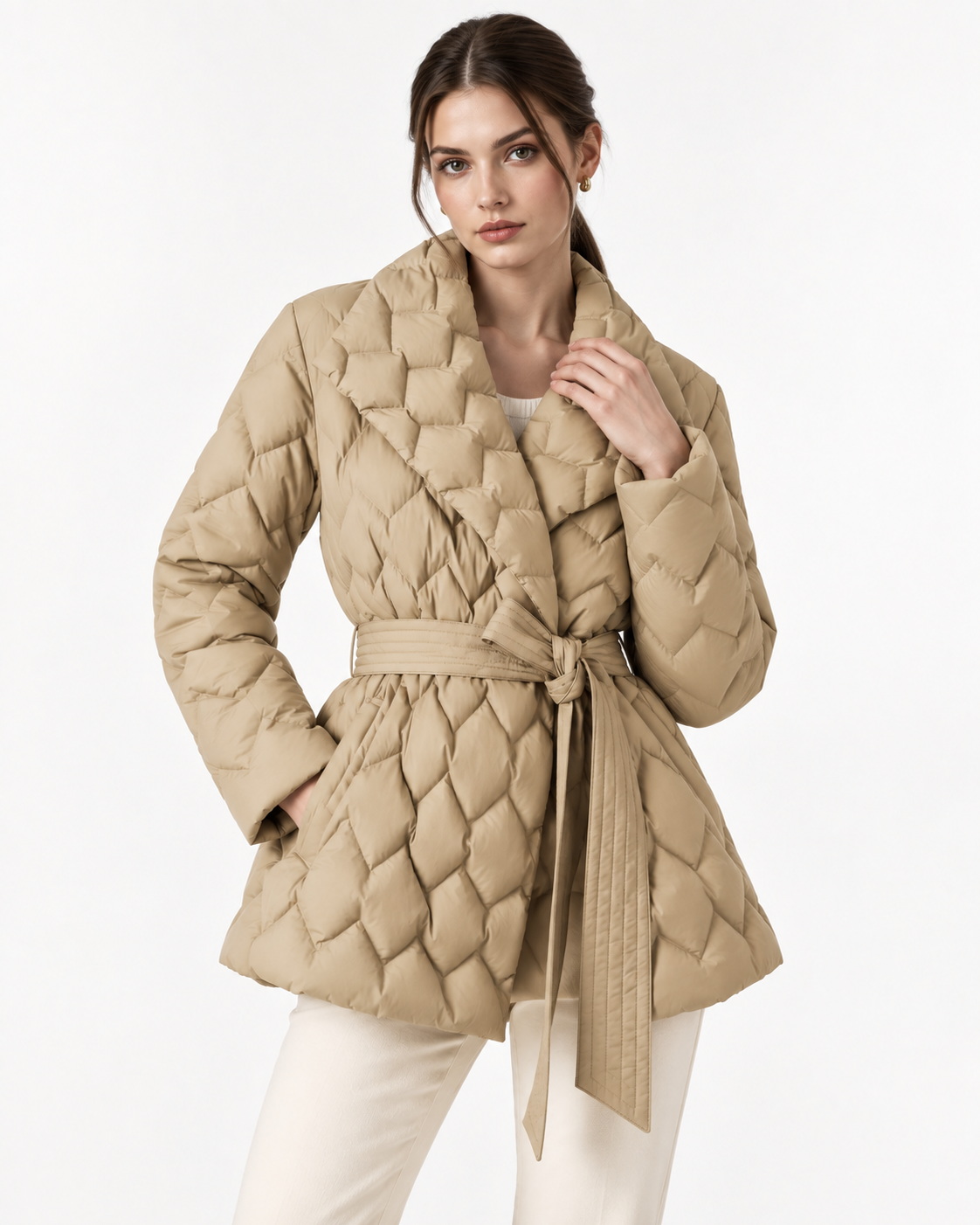 Quilted wide lapel belted coat for women