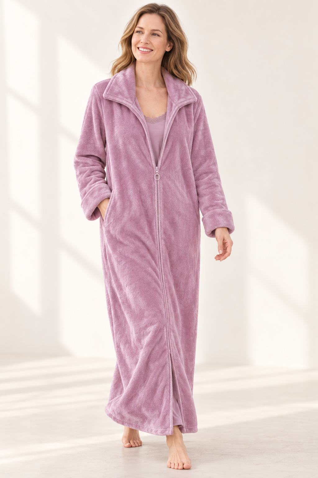 Zip-up fleece robe for women