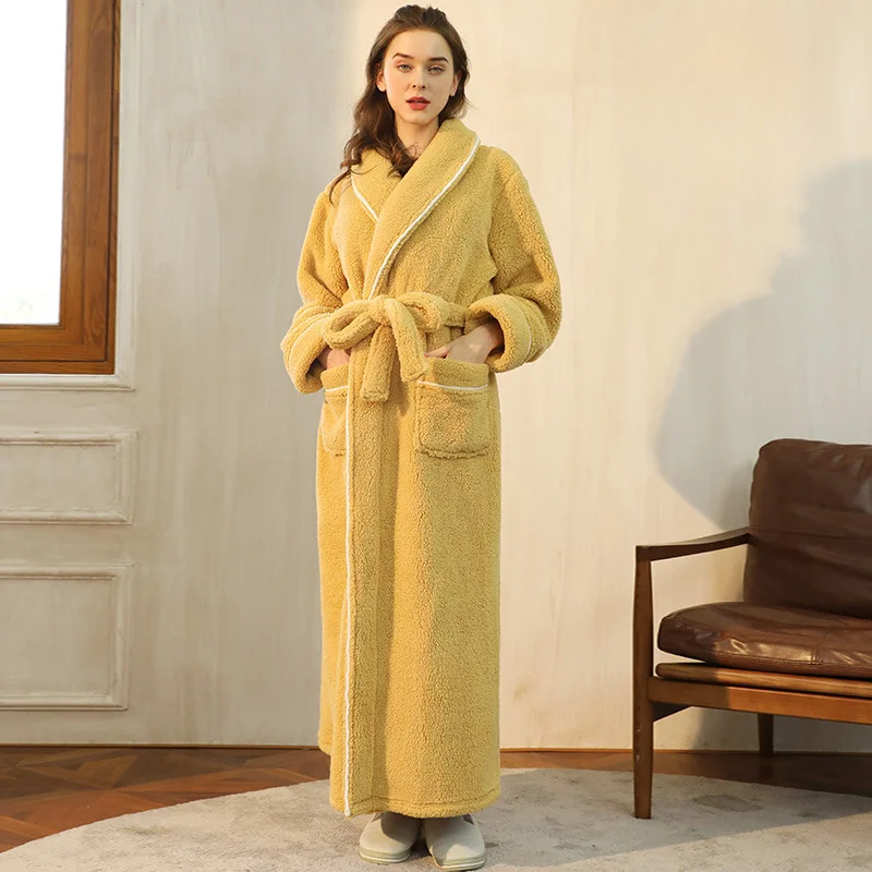 Ankle-length piped sherpa robe for women