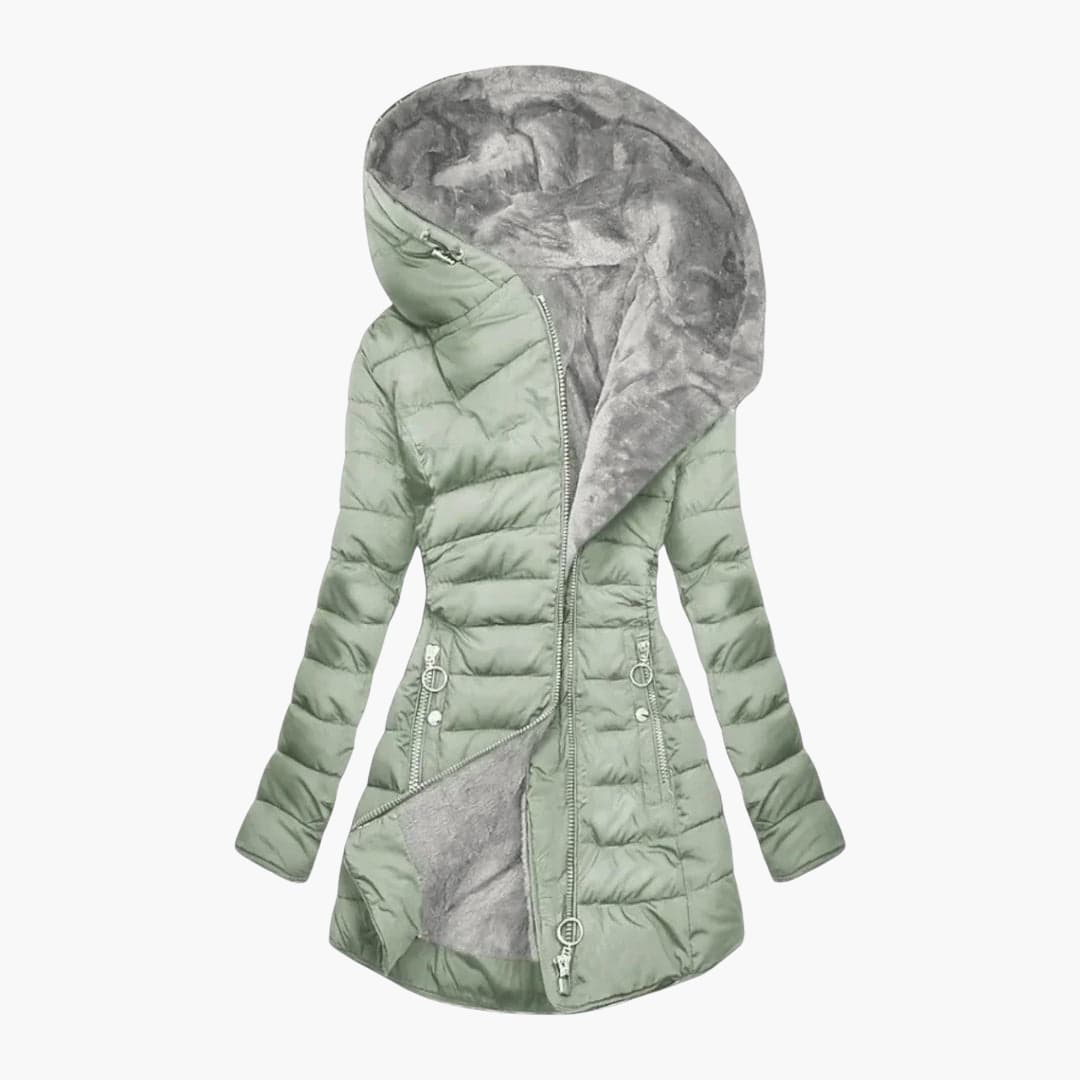 Asymmetric zip puffer coat in light green for women