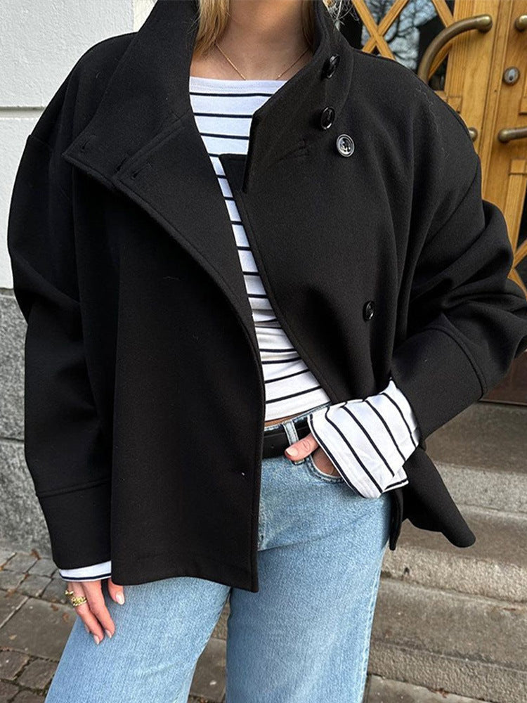 Asymmetric button pea coat for women