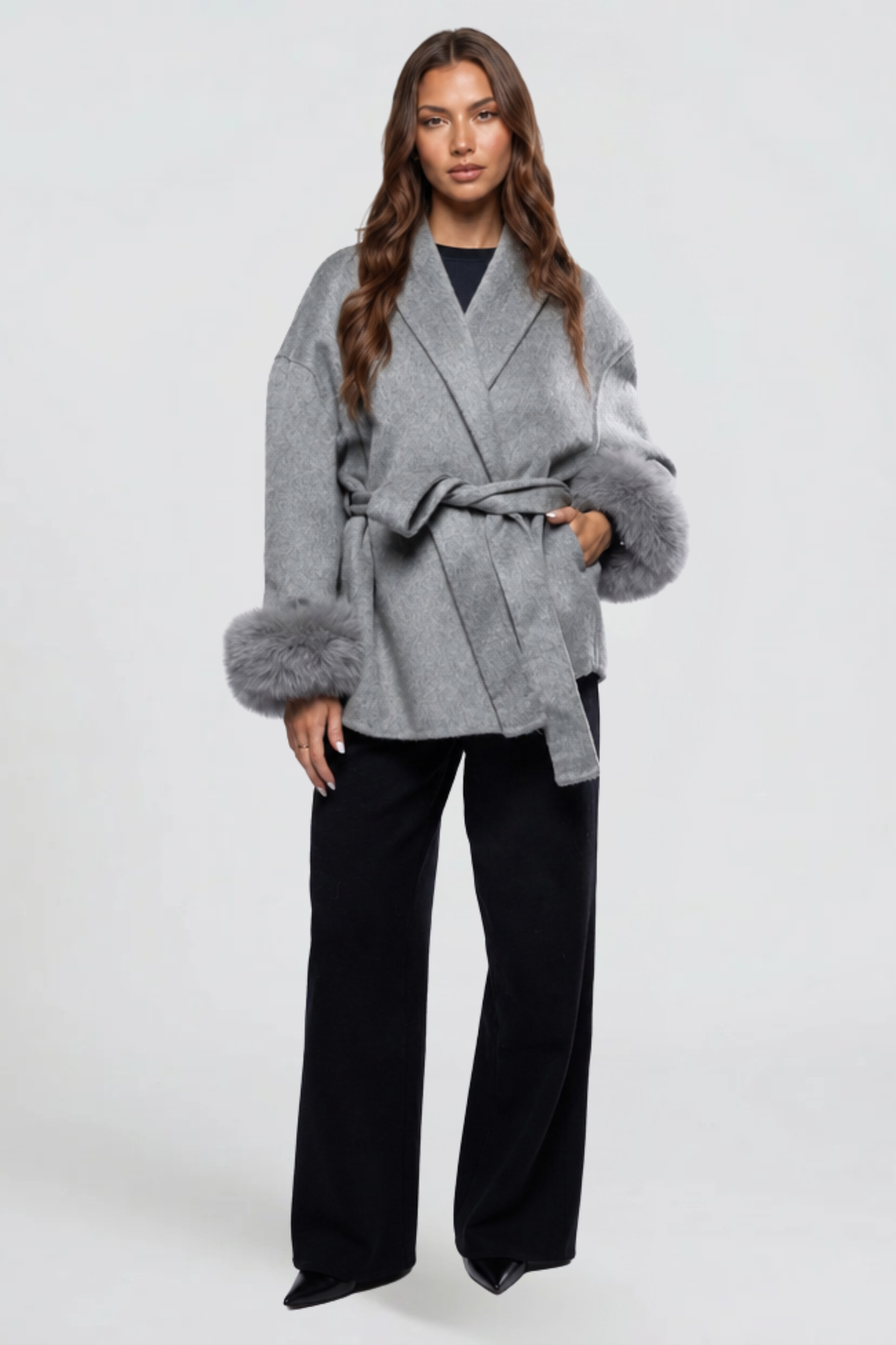 Relaxed fit wool-look belted coat for women