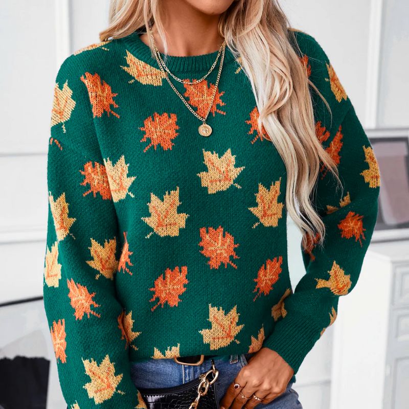 Maple leaf print sweater in green and black for women