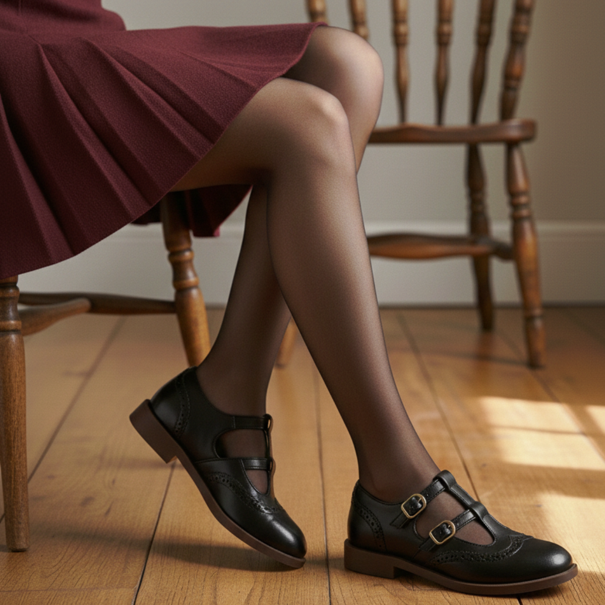 Brogue T-bar double buckle flats for women
