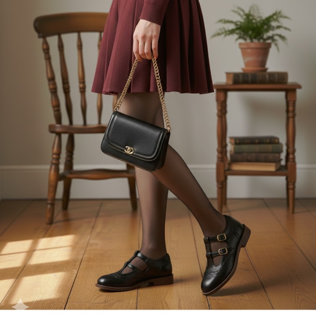 Brogue T-bar double buckle flats for women