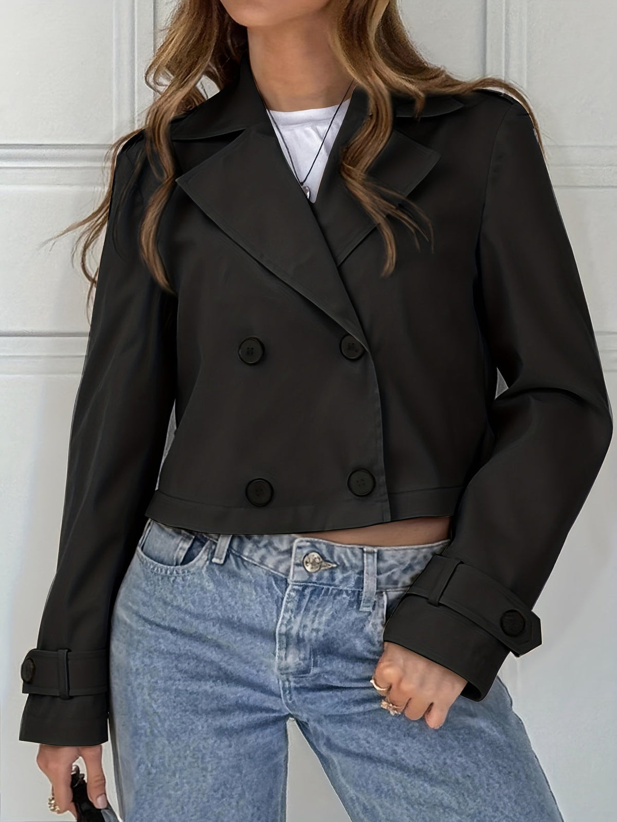 Button tab cropped pea coat for women
