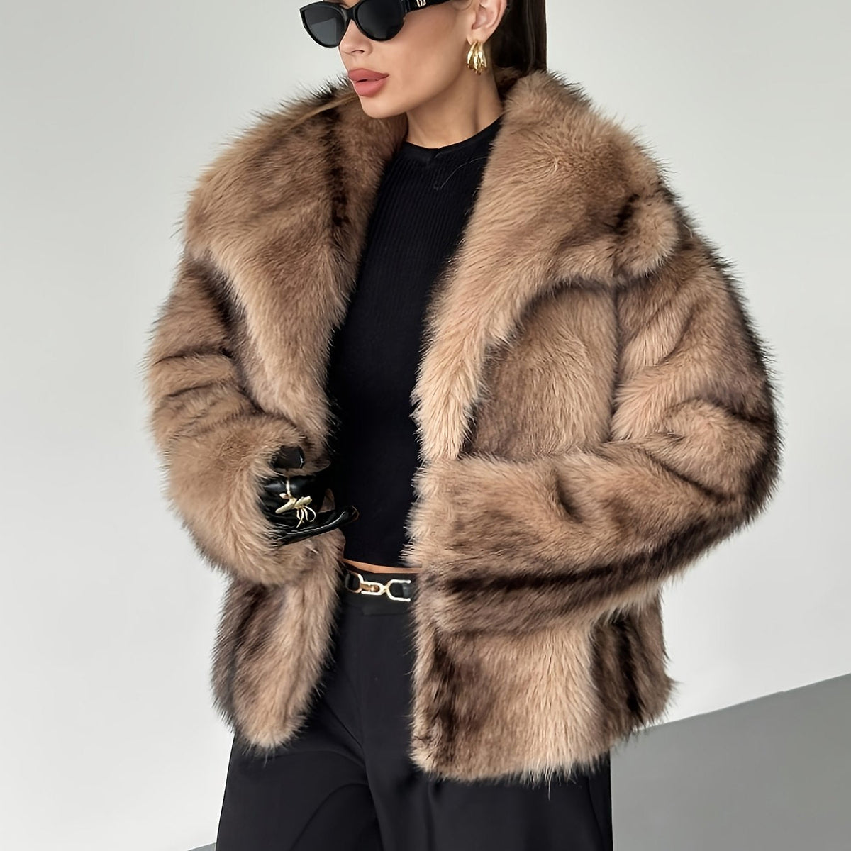 Cropped oversized faux fur coat in khaki for women