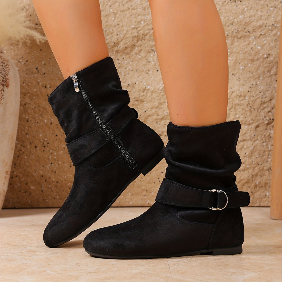 Slouchy flat suede-look buckle boots for women