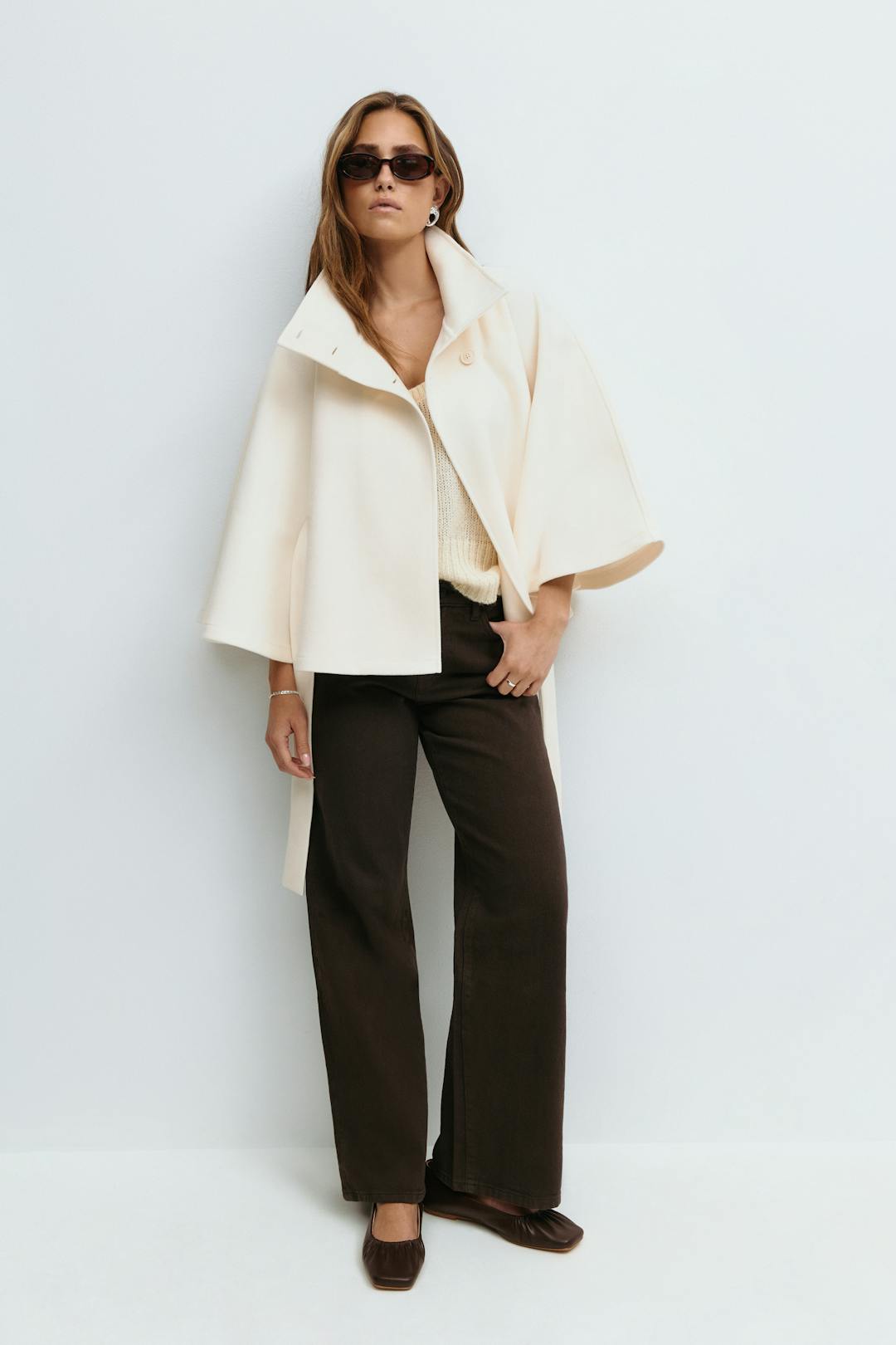 Belted cape jacket for women in beige, blue, brown or black