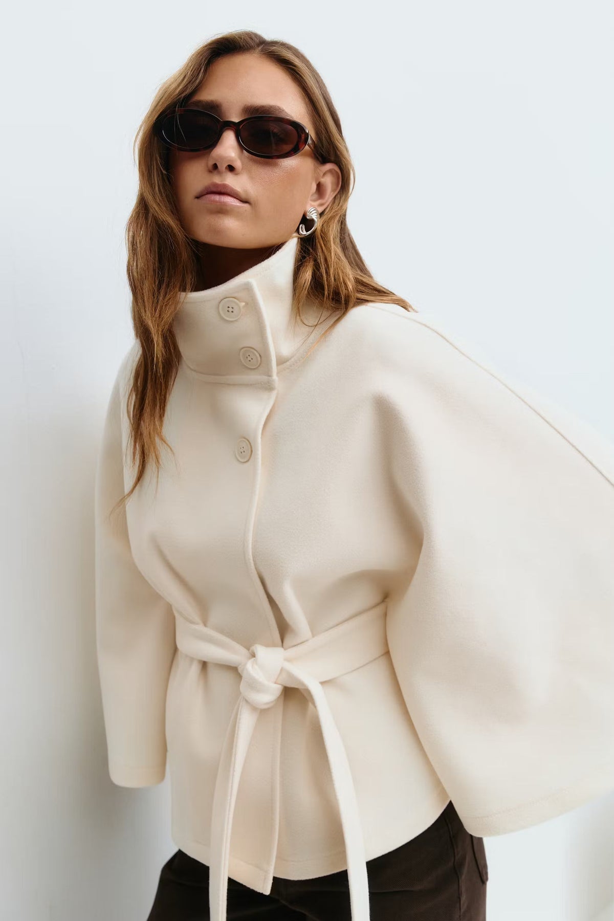 Belted cape jacket for women in beige, blue, brown or black