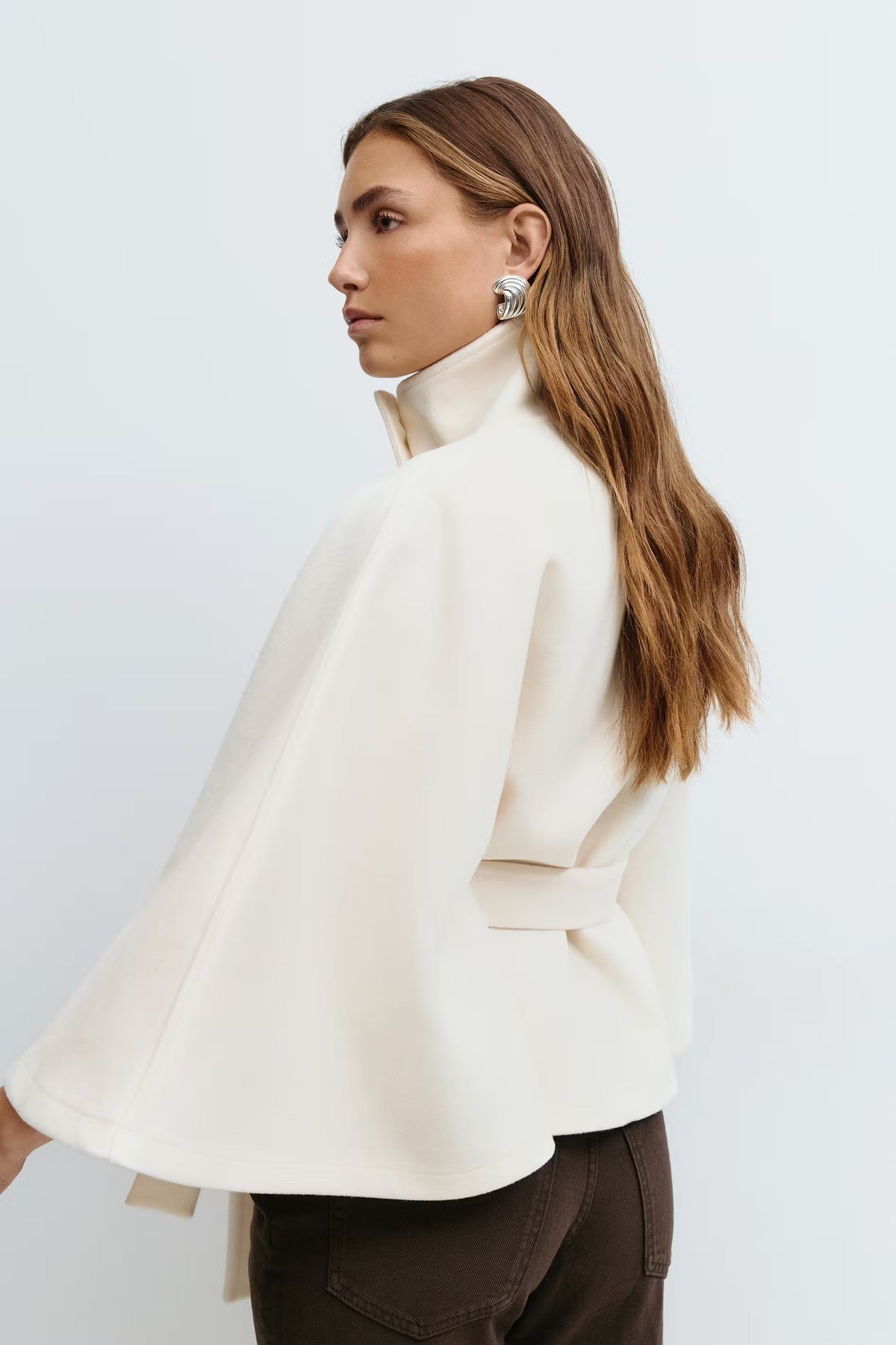 Belted cape jacket for women in beige, blue, brown or black