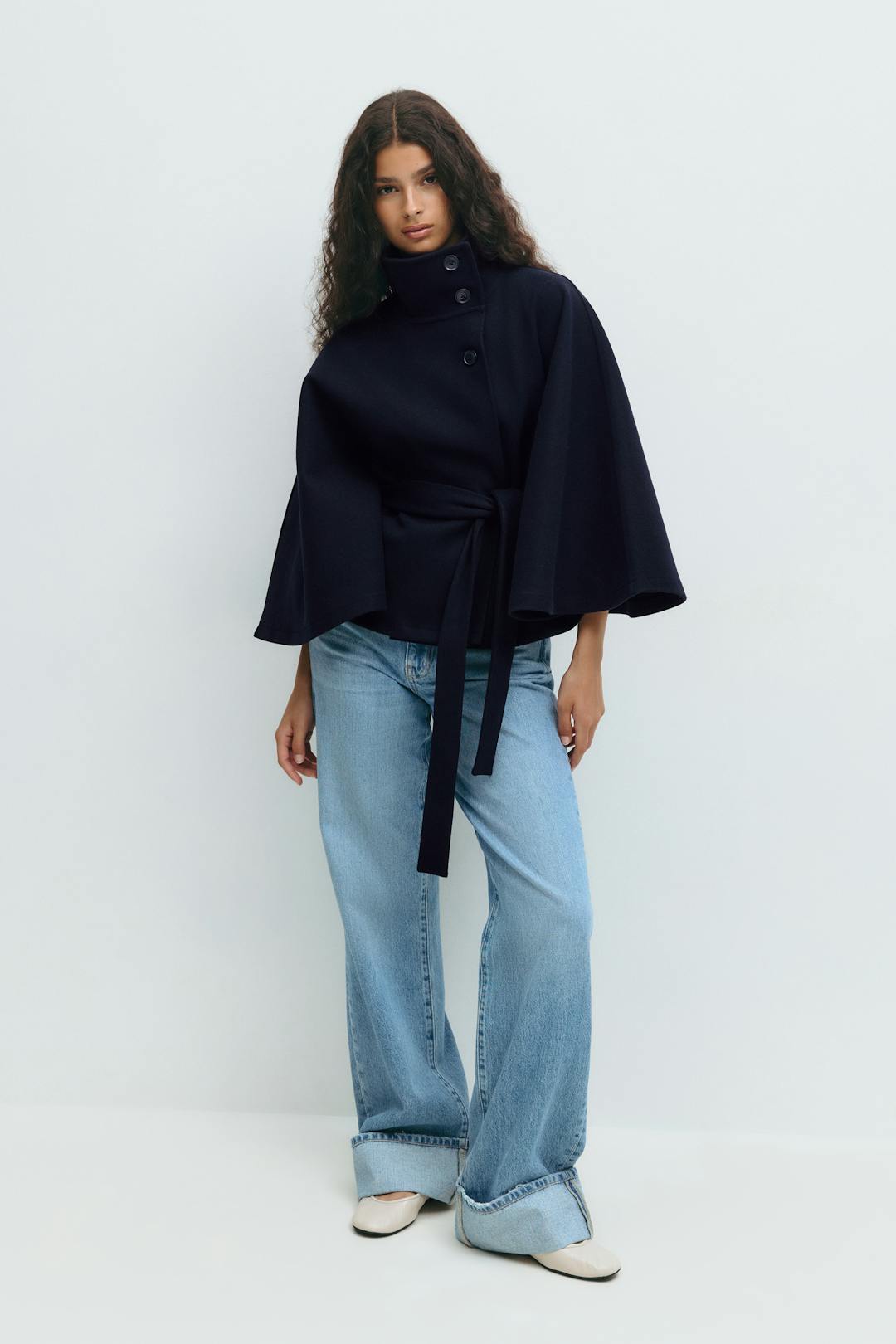 Belted cape jacket for women in beige, blue, brown or black