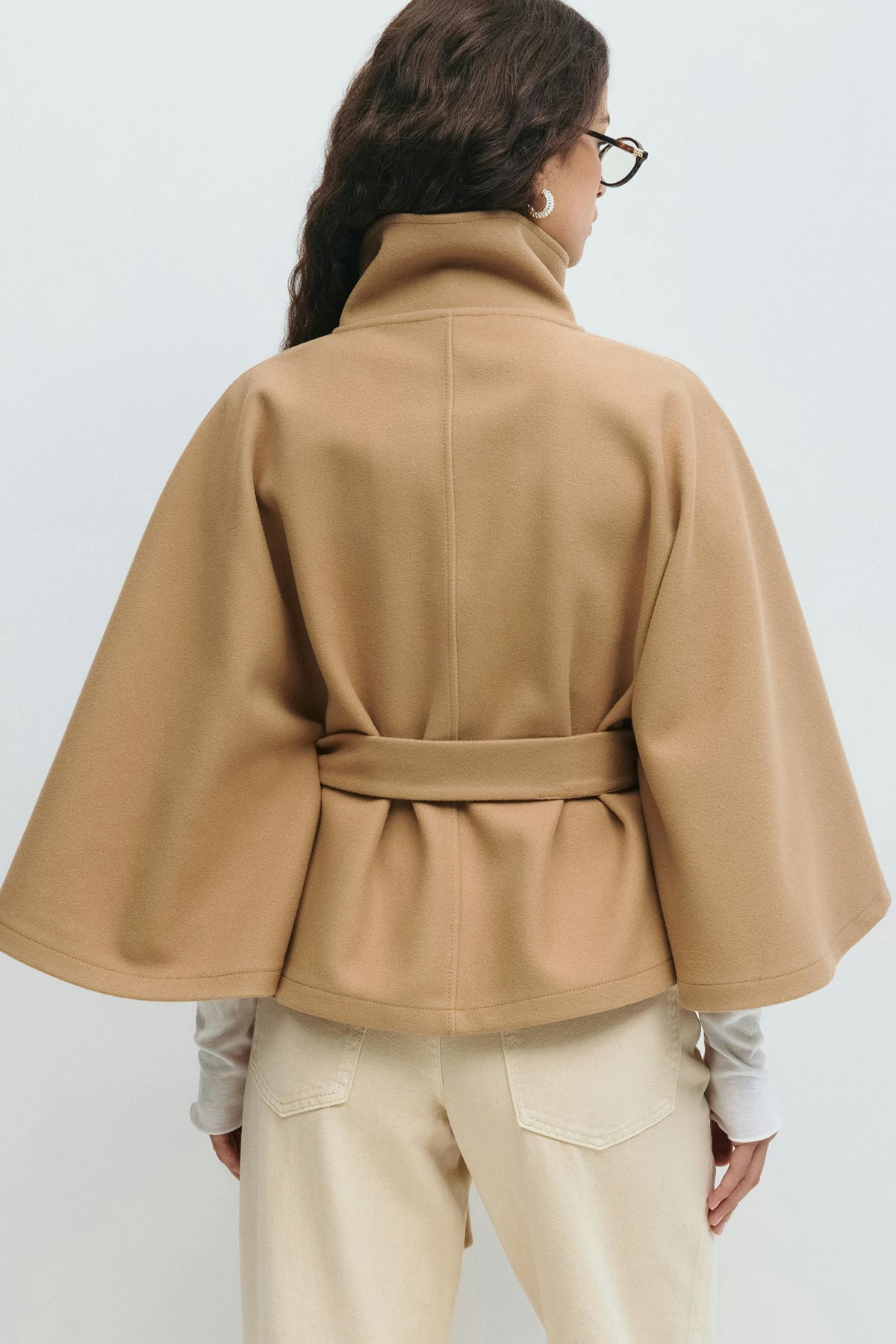 Belted cape jacket for women in beige, blue, brown or black