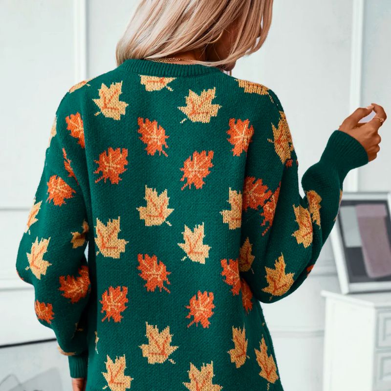 Maple leaf print sweater in green and black for women