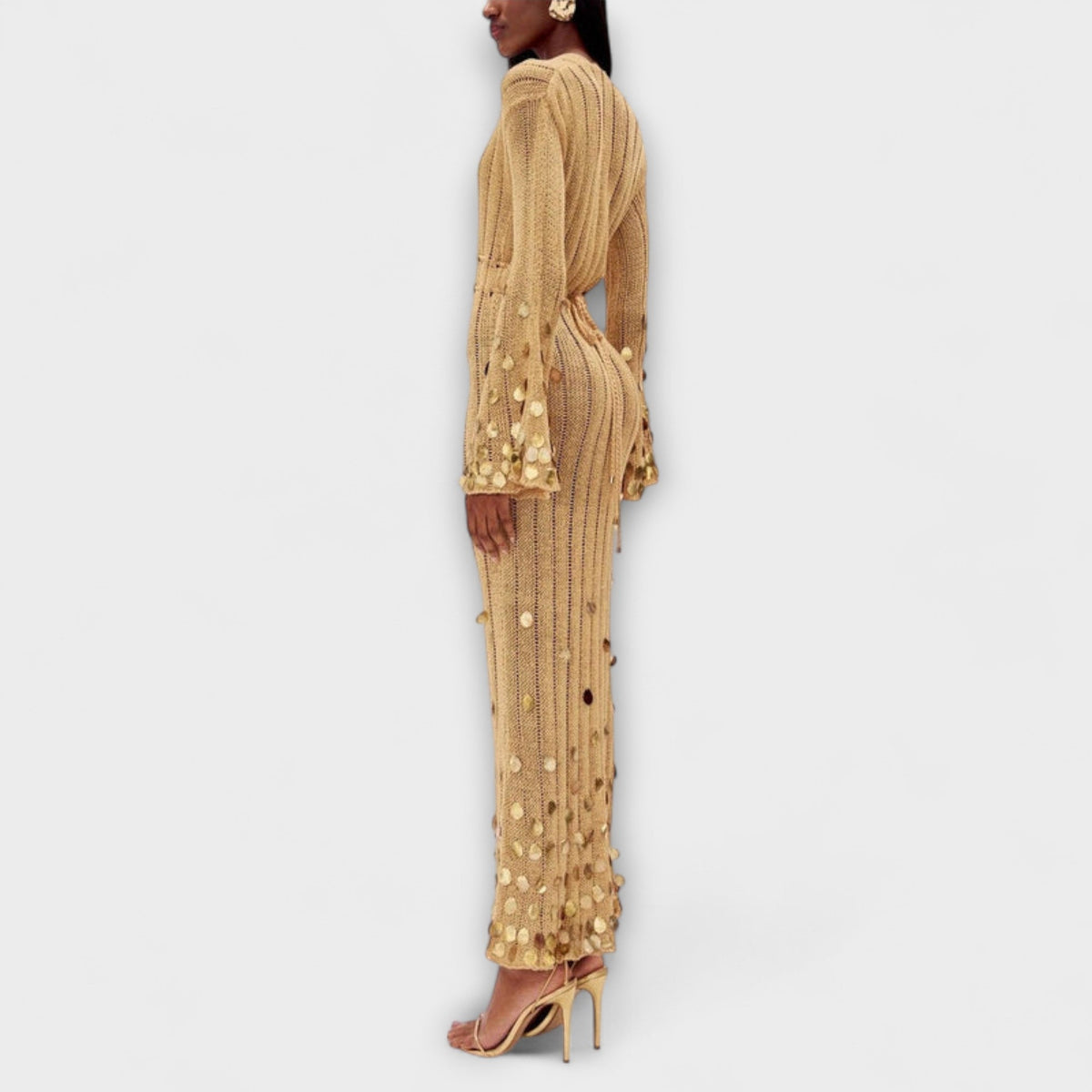 Gold open-knit maxi dress with sequin discs for women