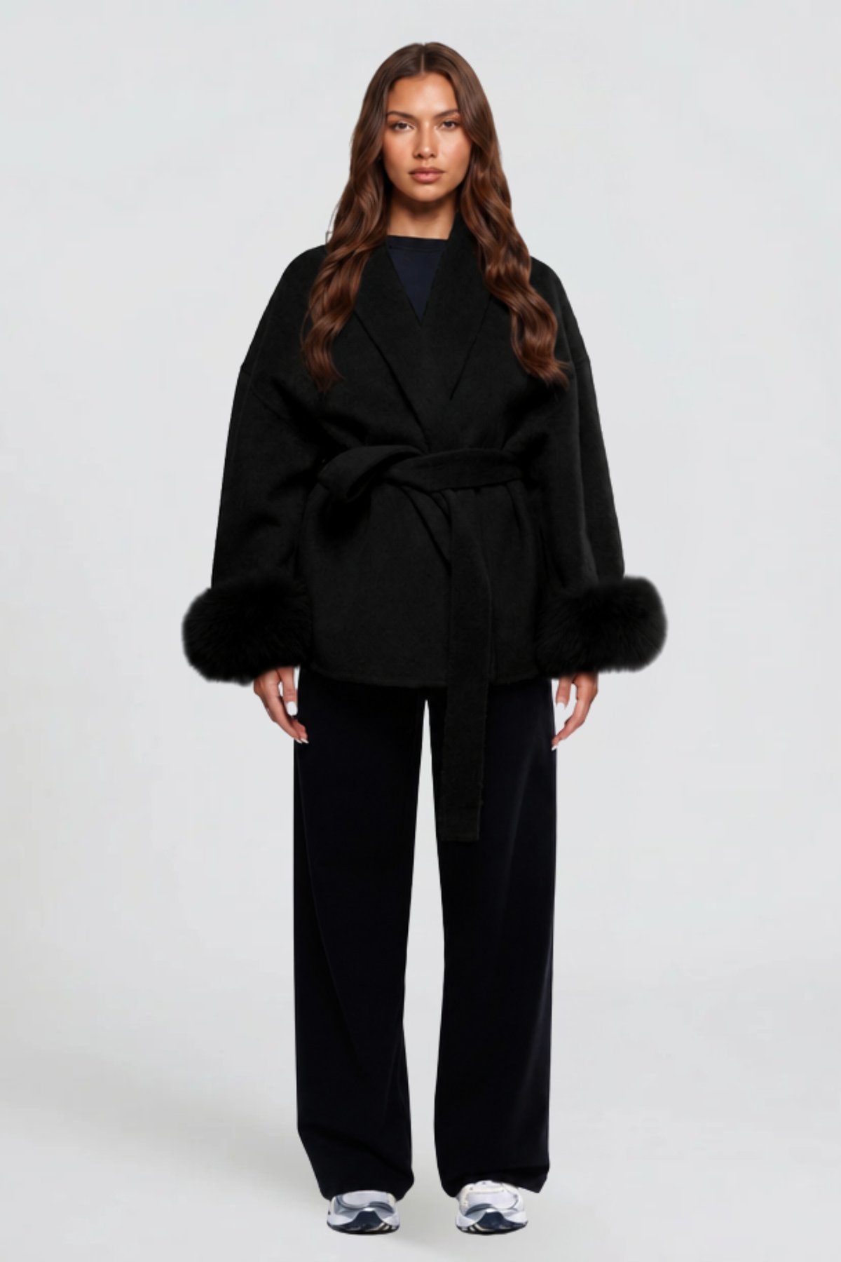Relaxed fit wool-look belted coat for women