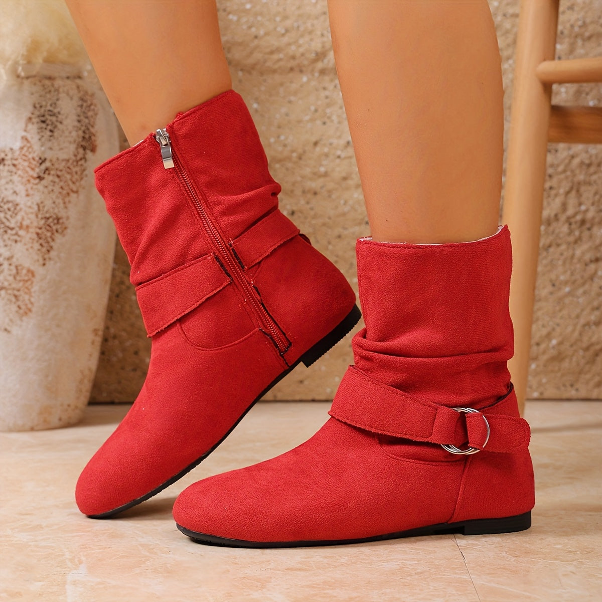 Slouchy flat suede-look buckle boots for women