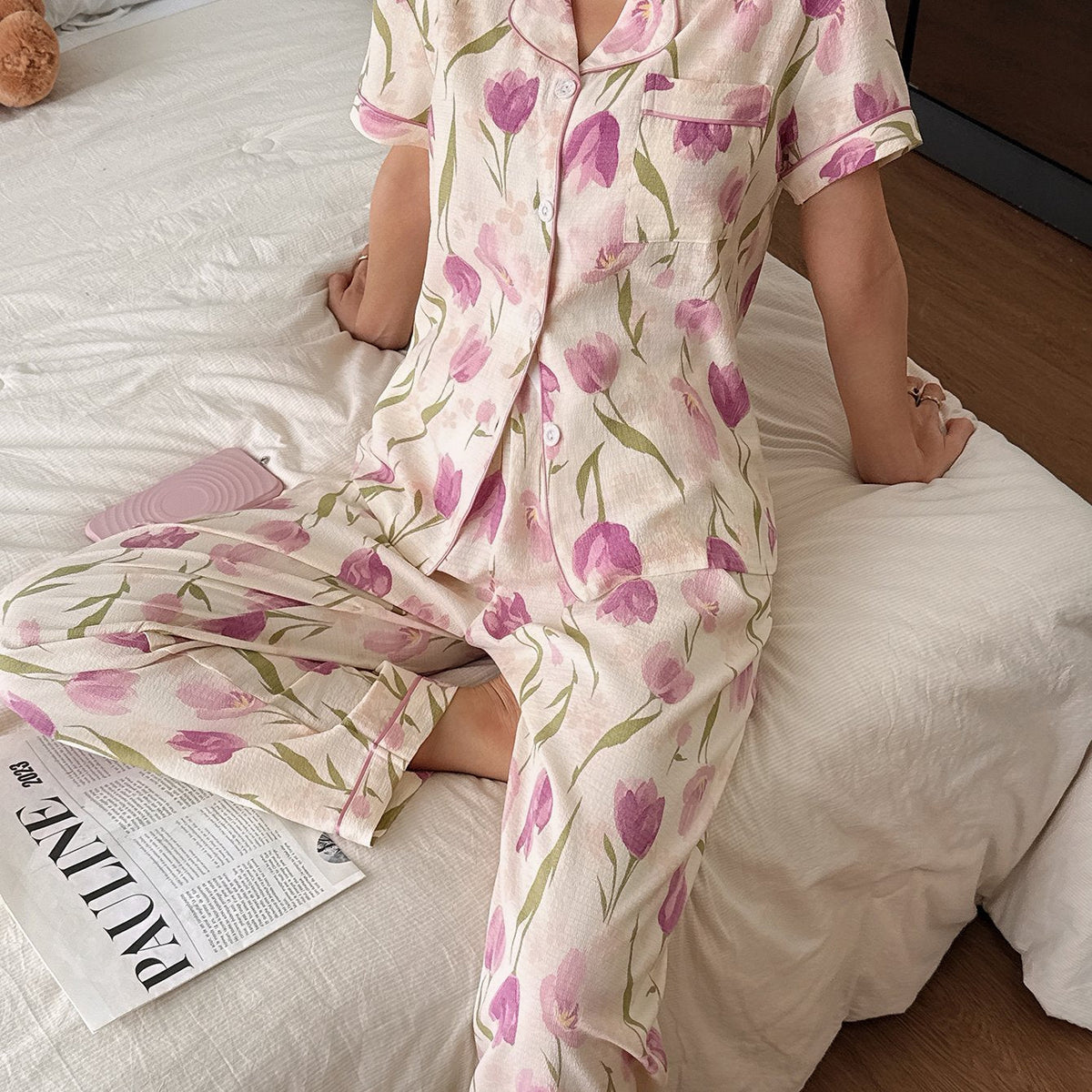 Floral pajama set in apricot for women