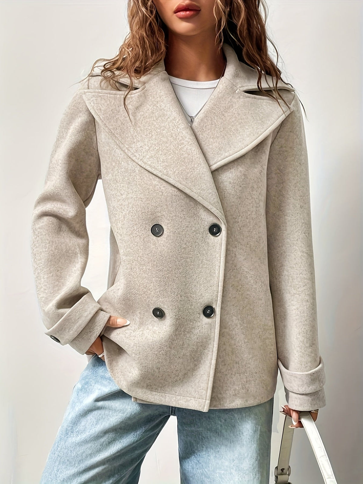 Oversized cuffed pea coat for women