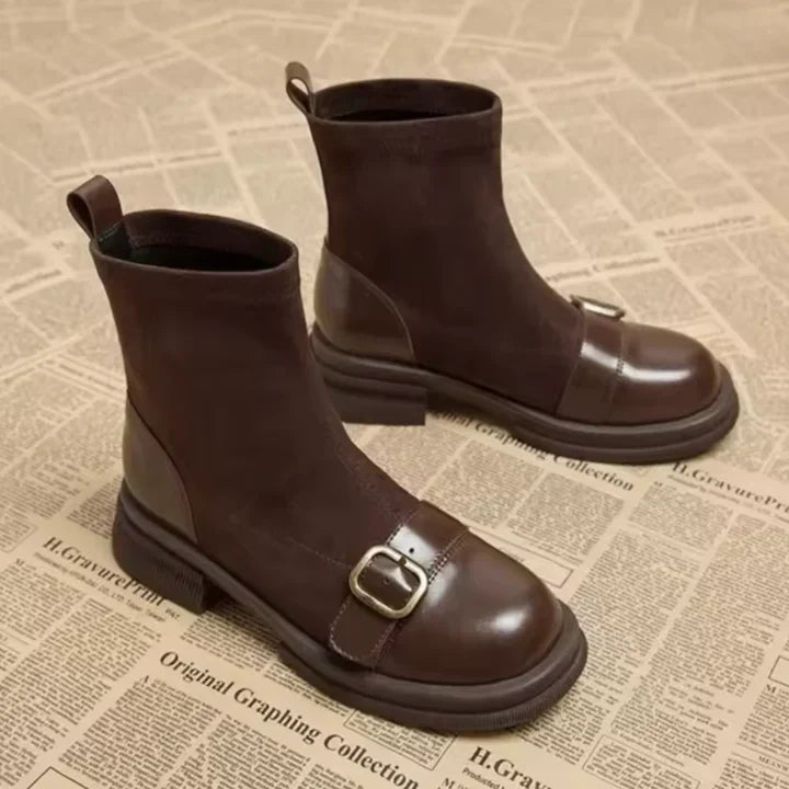 Pull-on suede-look ankle buckle boots for women