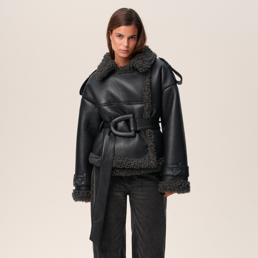 Belted shearling-look aviator jacket in black for women