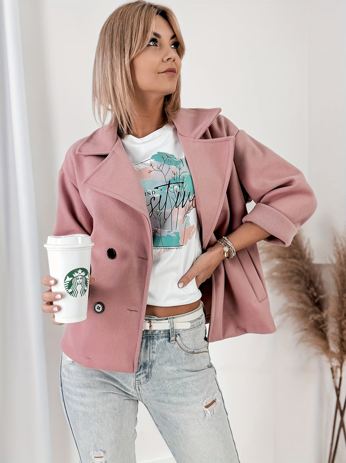 Rolled cuff cropped pea coat for women