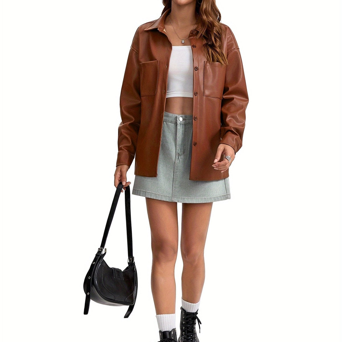 Leather-look shacket for women in brick red, light brown or black