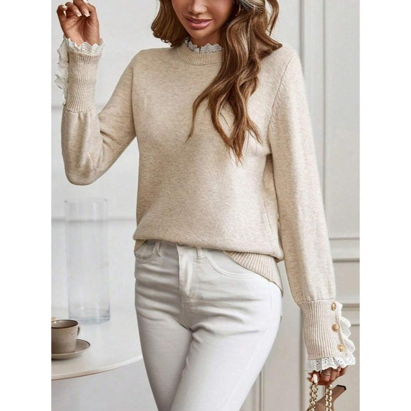 Lace trim mock neck sweater in beige, black and red for women