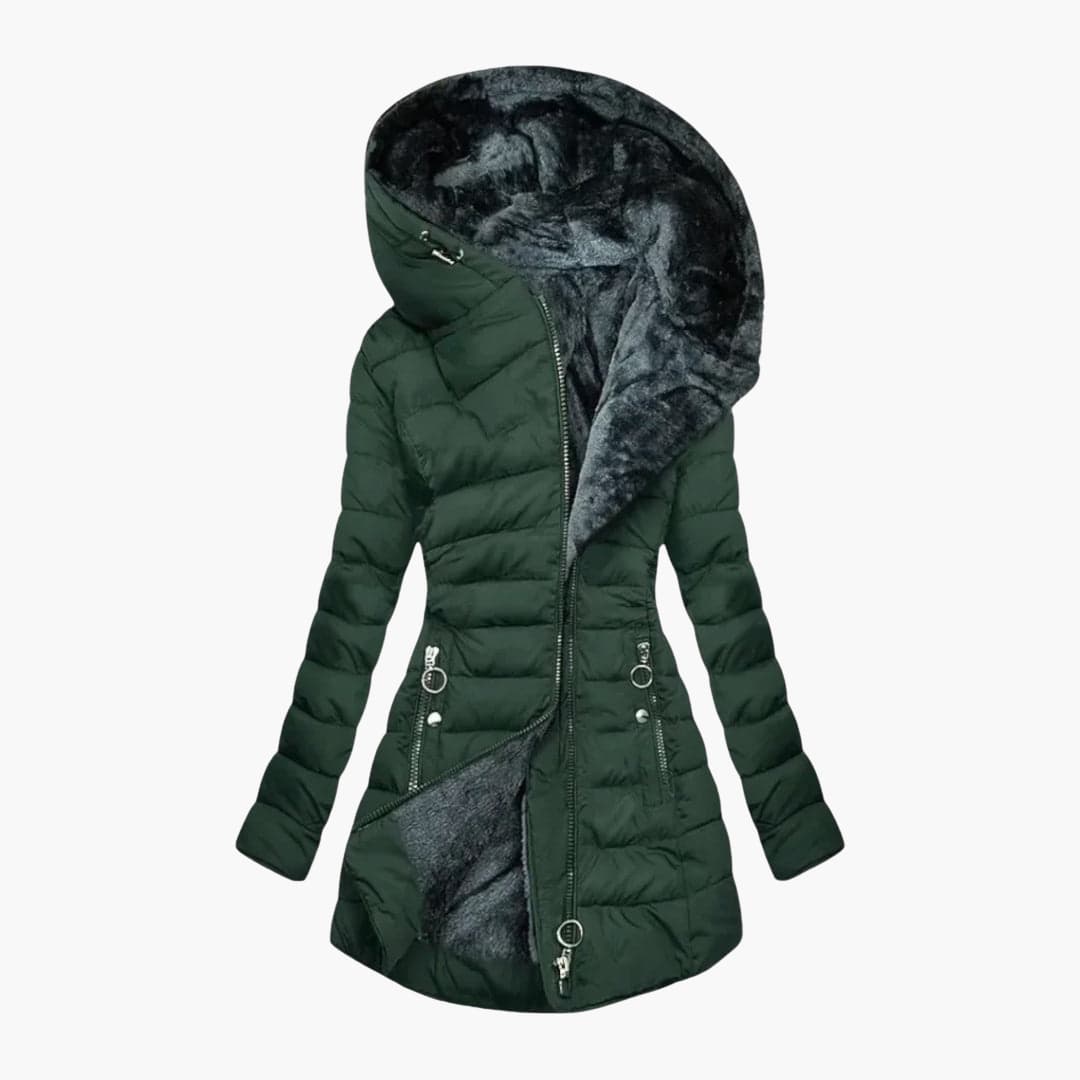 Asymmetric zip puffer coat in dark green for women