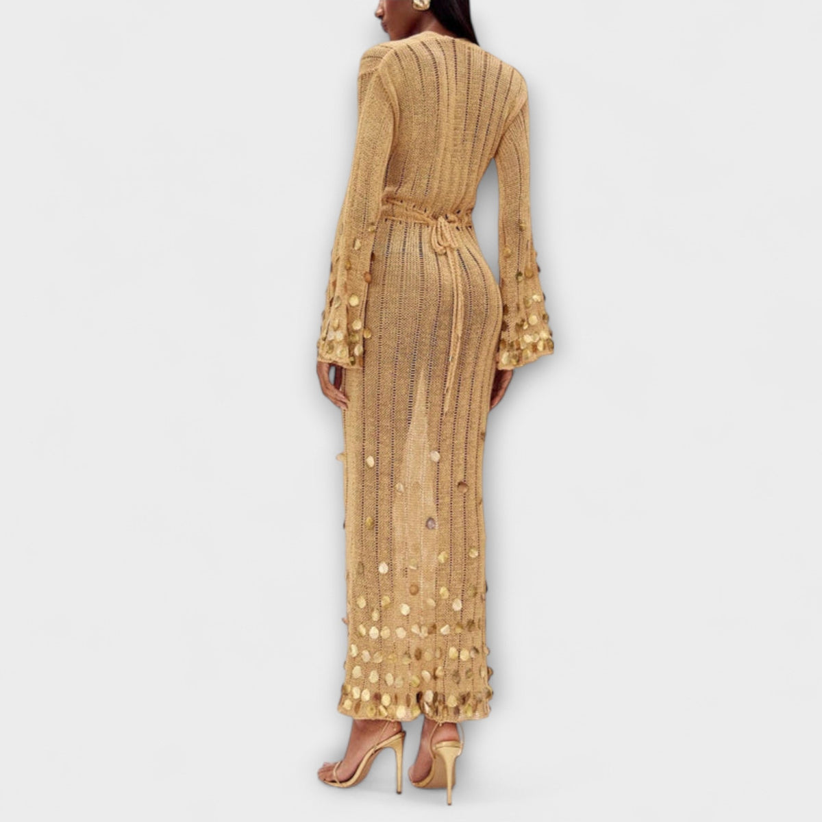 Gold open-knit maxi dress with sequin discs for women