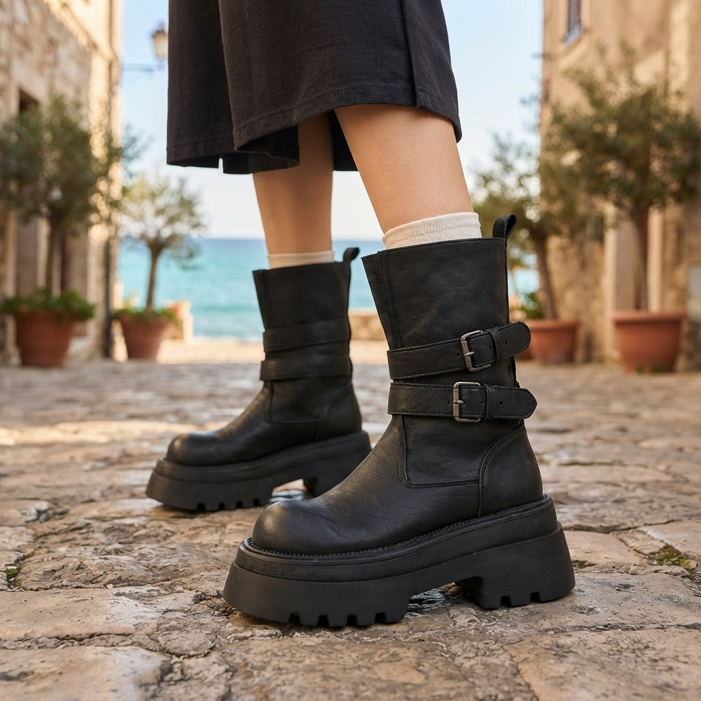Chunky platform buckle biker boots for women