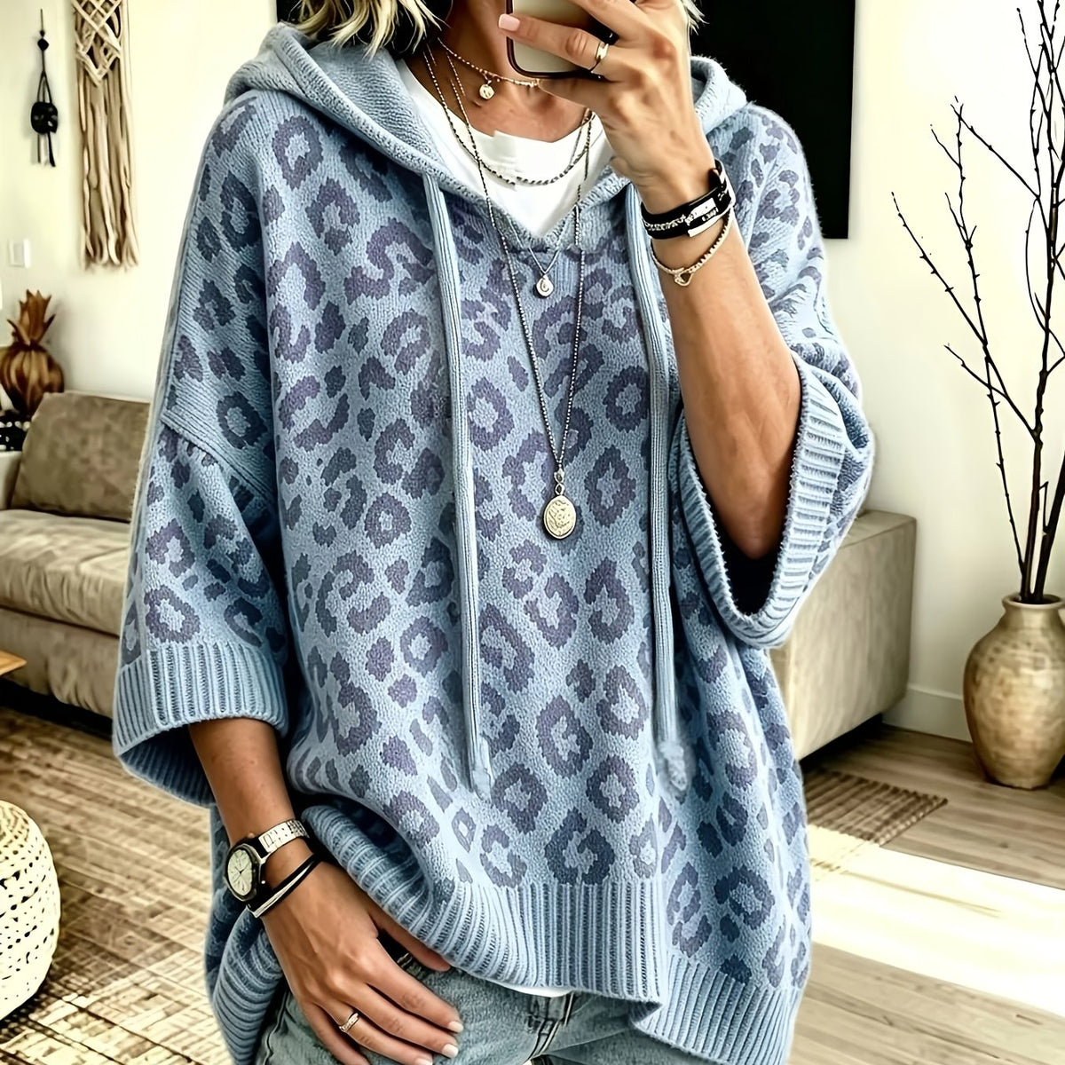 Oversized leopard batwing knit hoodie for women