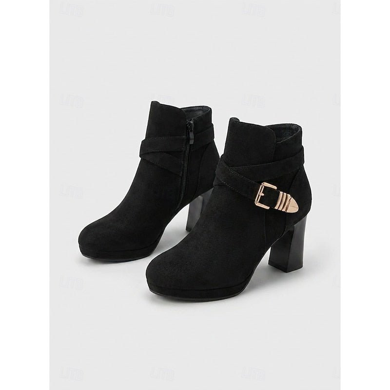 Suede-look block heel ankle buckle boots for women