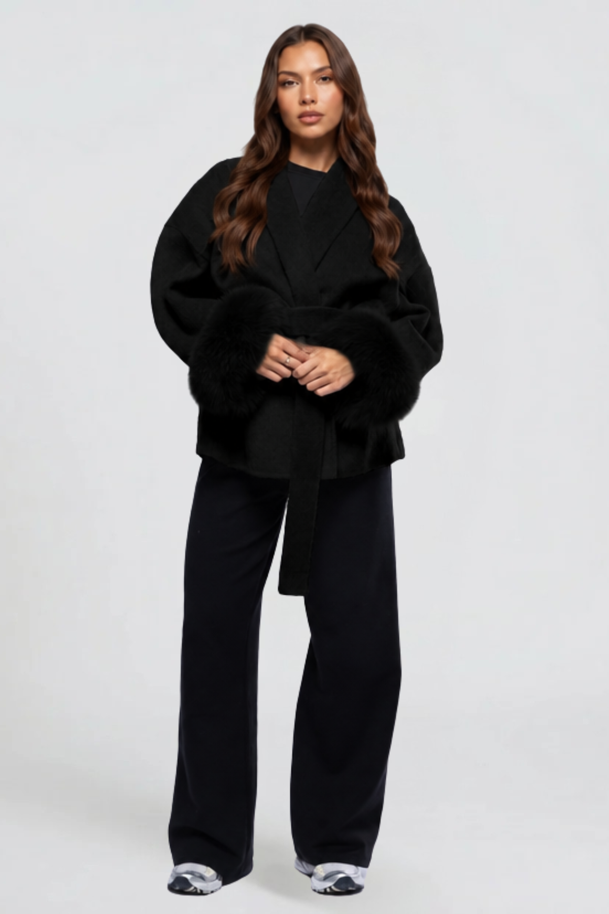 Relaxed fit wool-look belted coat for women