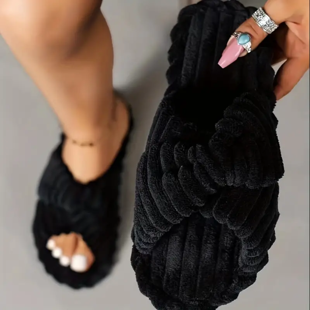 Cross knit plush slippers in black for women