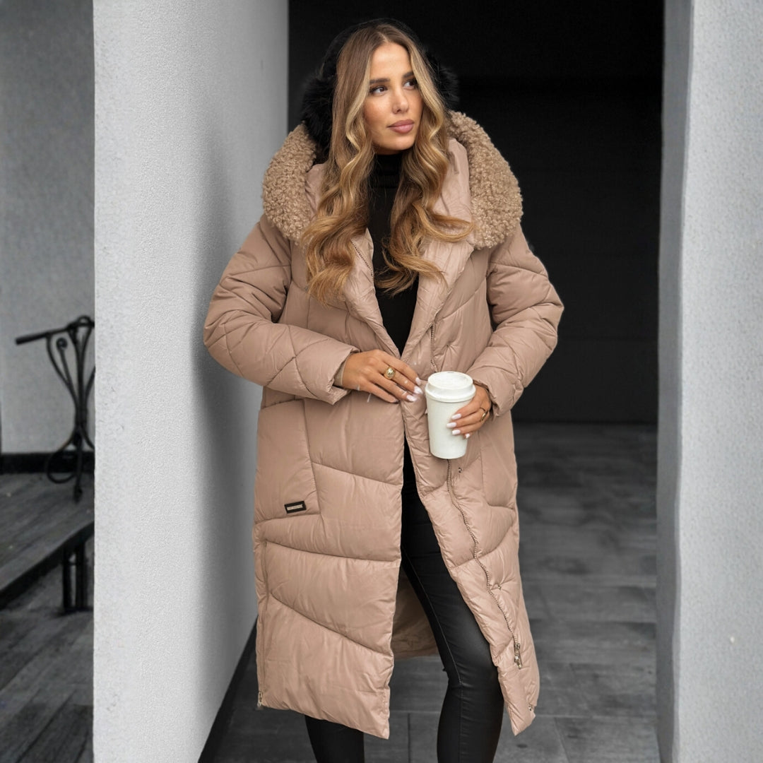 Long quilted hooded coat in beige for women