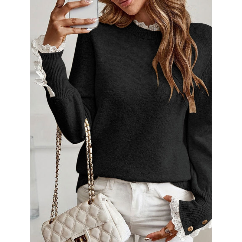 Lace trim mock neck sweater in beige, black and red for women